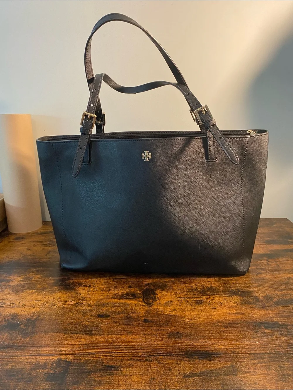 Tory Burch Black Saffiano Tote with Gold Logo Flaw